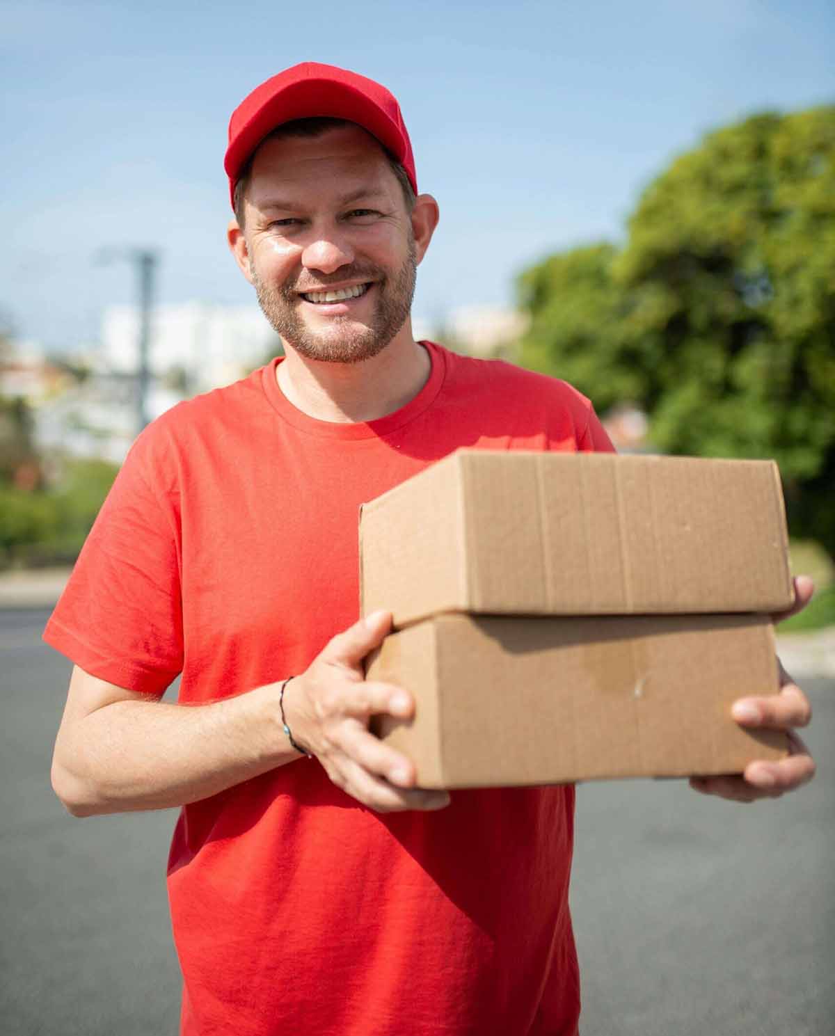 Man in red shirt holding boxes