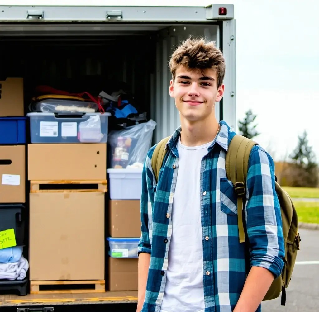 A college student standing beside a packed portable storage container